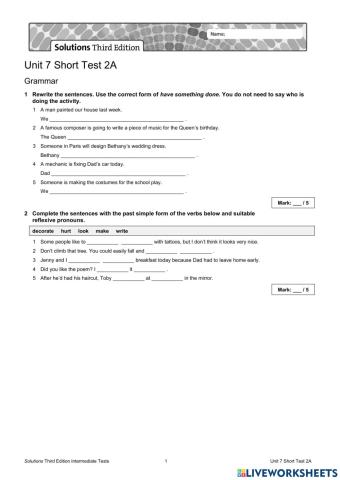 Unit 7 Short Test 2A - inter