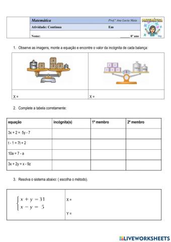 Equação e sistema de equações de 1º grau