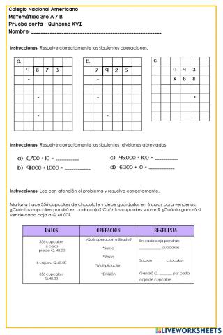 Q. XVI - Prueba corta de matemática