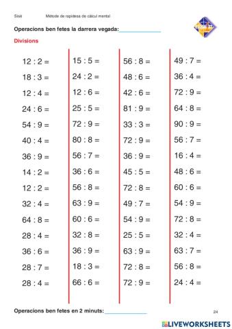 Velocitat càlcul mental DIVISIONS