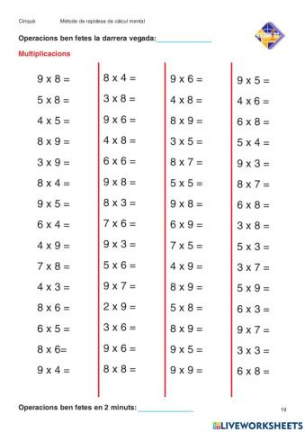 Velocitat càlcul mental Multiplicacions 5è