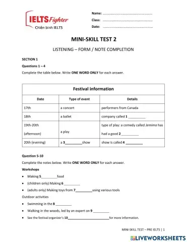 Mini test 3 - LISTENING PRE IELTS