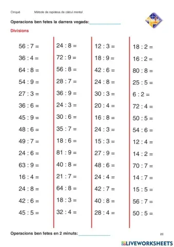 Velocitat càlcul mental DIVISIONS 5è