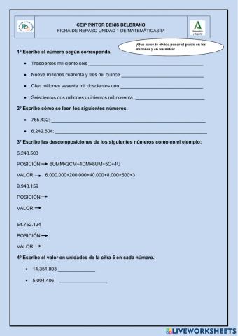 Repaso acumulativo u.d. 1 matemáticas 5º