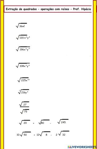 Raiz extraindo termos e operações com raízes