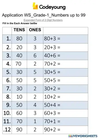 Expanded Form of 2-Digit Numbers-Apllication WS