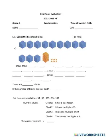 Maths First term evaluation for Year 4