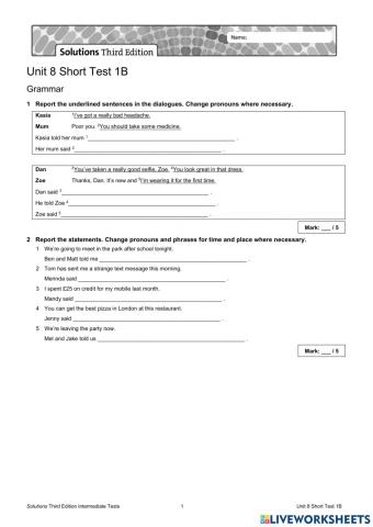 Unit 8 Short Test 1B - inter