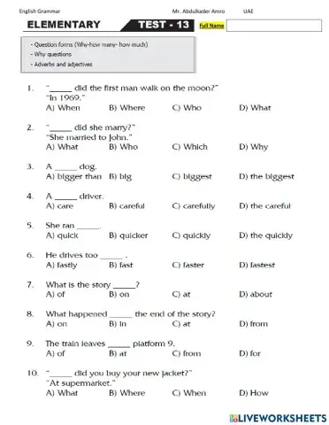 Elementary Test 13 Part 1 Grammar