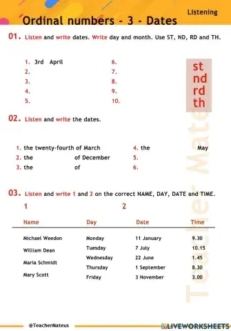 Ordinal Numbers - 3 - Dates - Listening