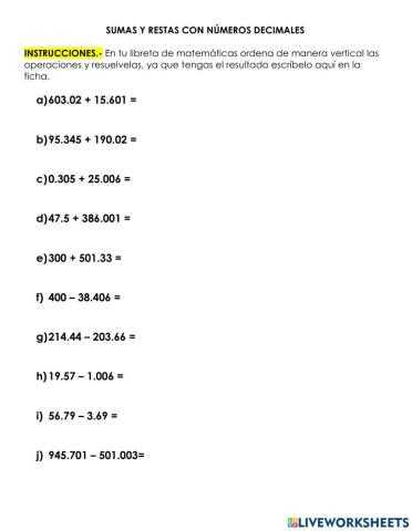 Sumas y restas con numero decimal
