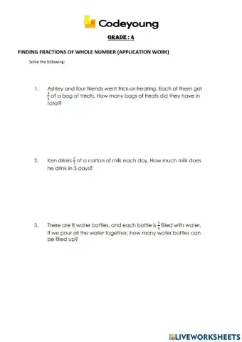 Finding fractions of whole number (application work)