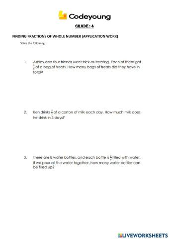 Finding fractions of whole number (application work)