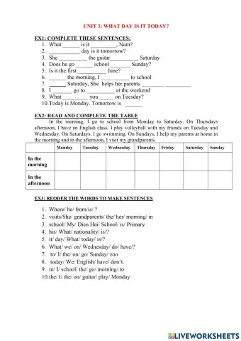 Unit 3 what day is it today