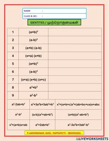 Std 8 maths identities DRAG AND DROP