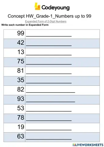 Expanded Form of 2-Digit Numbers (Abstract Form)-Advance WS