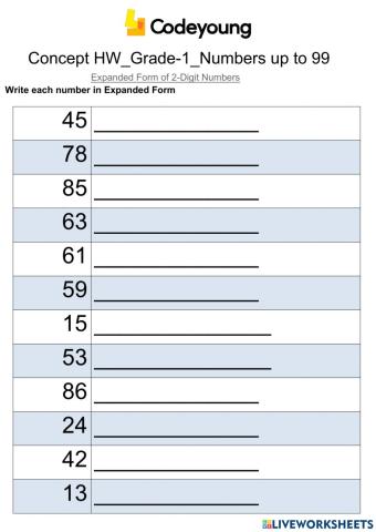 Expanded Form of 2-Digit Numbers (Abstract Form)-Concept HW