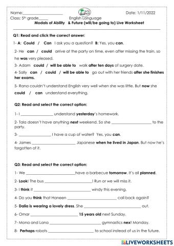 Grammar Worksheet - Modals of Ability & Future