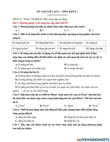 ÔN TẬP KIỂM TRA GIỮA KÌ I - MÔN KHTN 7