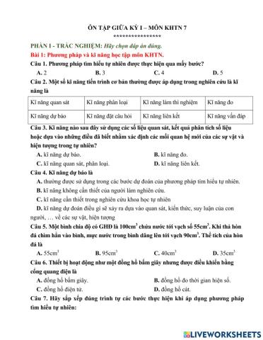 ÔN TẬP KIỂM TRA GIỮA KÌ I - MÔN KHTN 7