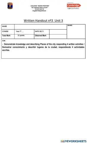 Written Handout Year 7 nº3 Unit 3