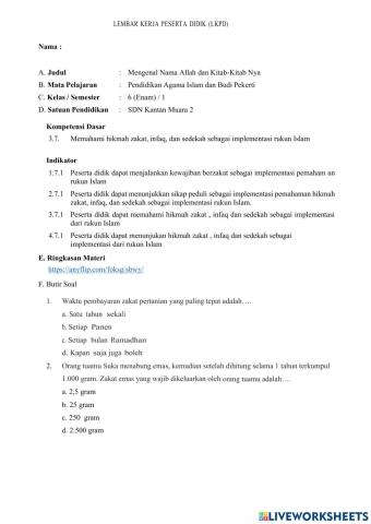 LKPD PAI Kelas 6 Materi Zakat