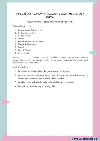 Lkpd bab 3.a “pembuatan kompor sederhana tenaga  surya”