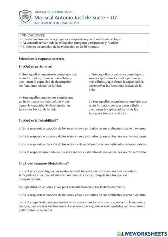 EVALUACION DE REFUERZO OCTAVO PROPIEDADES SERES VIVOS
