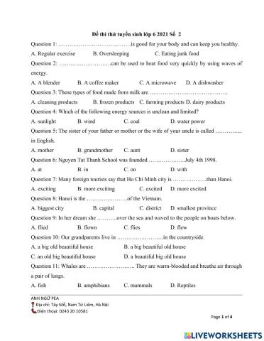 Đề luyện thi vào lớp 6- số 2