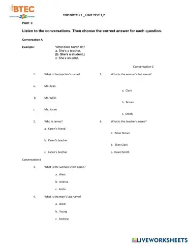 Top Notch 1 Unit 1 2 Assessment