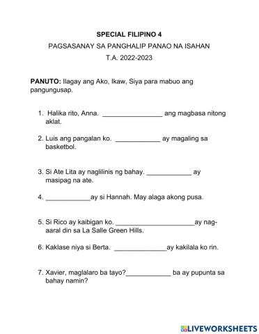 Pagsasanay sa Panghalip Panao