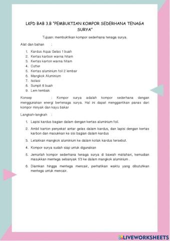 Lkpd bab 3.b “pembuktian kompor sederhana tenaga  surya