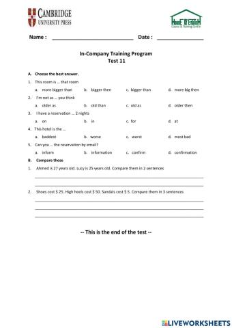 Business Plus 1 - Unit 6 - Test 11