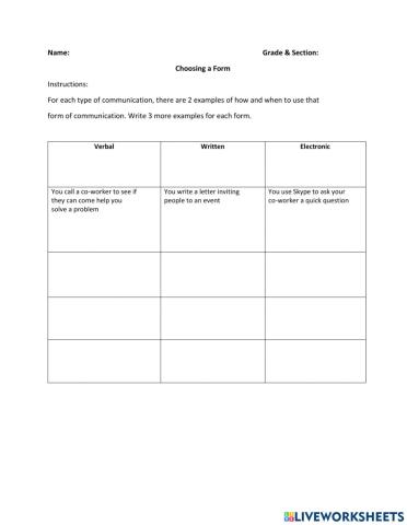 Form of communication Worksheet