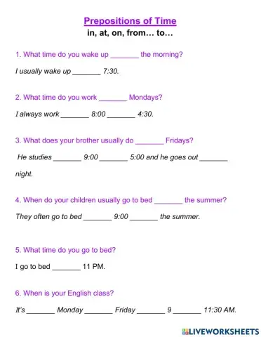 Prepositions of TIME: in, on , at, from... to