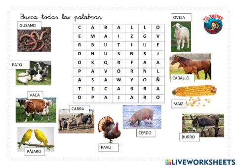 Sopa de letras animales de granja