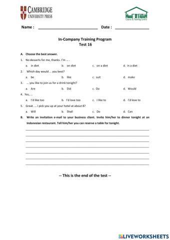 Business Plus - Unit 8 - Test 16