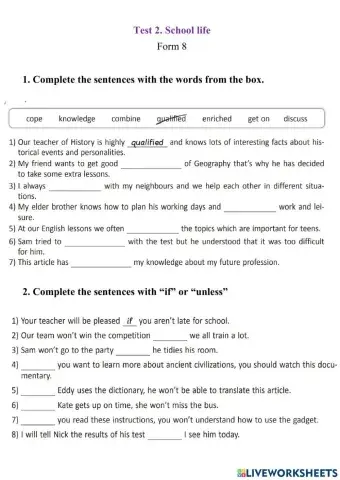 School life. Form 8. Test 2