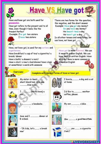 Idict 2 - Unit 4 - Lesson 10: Have vs Have got (worksheet)