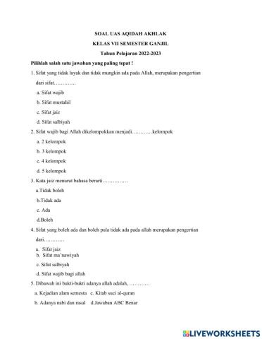 PAS Akidah Akhlak Ganjil VII Th 2022-2023