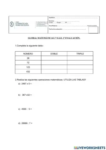 Examen matemáticas  adaptado 1º eso