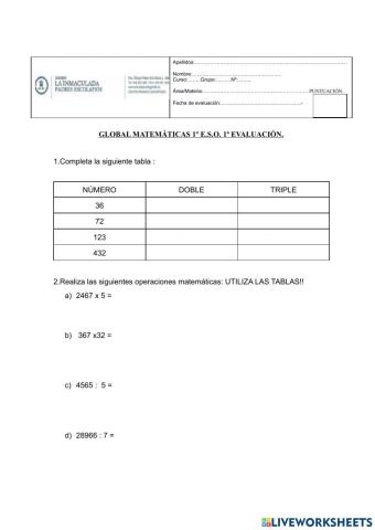 Examen matemáticas  adaptado 1º eso