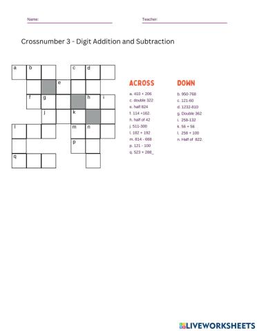Addition and Subtraction Crossword