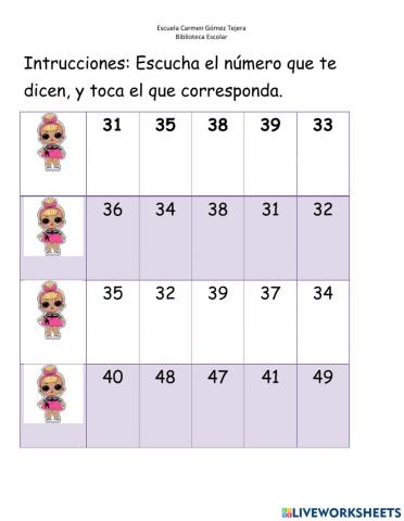 Reconocer números 30 al 59