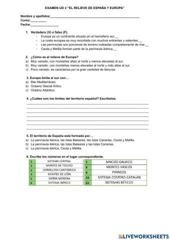 Examen sociales tema 2 El relieve de Europa y España