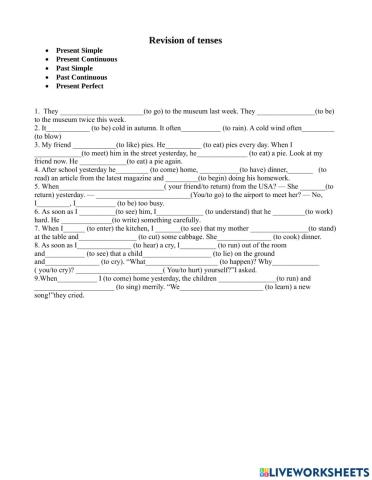 Revision of  Present Simple Past Simple  Present Continuous Past Continuous  Present Perfect