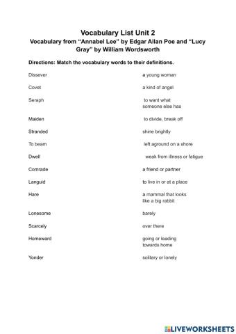 Vocabulary for Annabel Lee and Lucy Gray