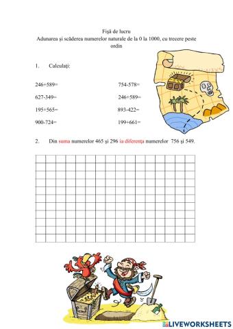 Adunarea și scăderea numerelor naturale de la 0 la 1000, cu trecere peste ordin
