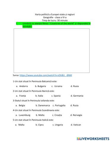 Harta politică a Europei- fișă de lucru