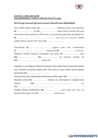 ESPAINIA: DIKTADURATIK FRANKISMOAREN LEHEN URTEAK:1939-49 (1.zatia)
